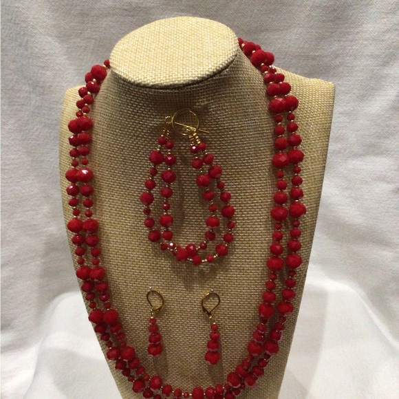 Elegant Vibrant Red Glass Beaded Necklace, Bracelet, & Earring Set - Picture 2 of 9